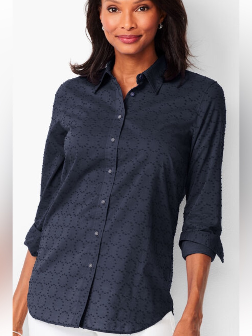 Talbots navy button-down shirt featuring allover eyelet diamond pattern Sz 1XP